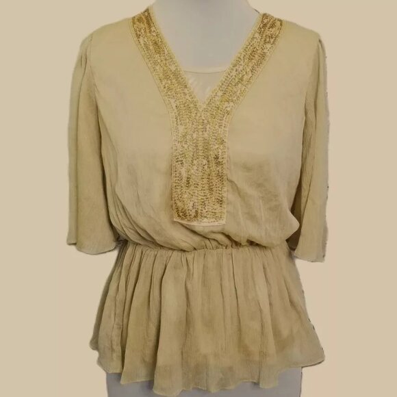 Badgley Mischka Flowy Gold Peplum Top Beaded Neckline 3/4 Sleeve SMALL NWT - Picture 2 of 6
